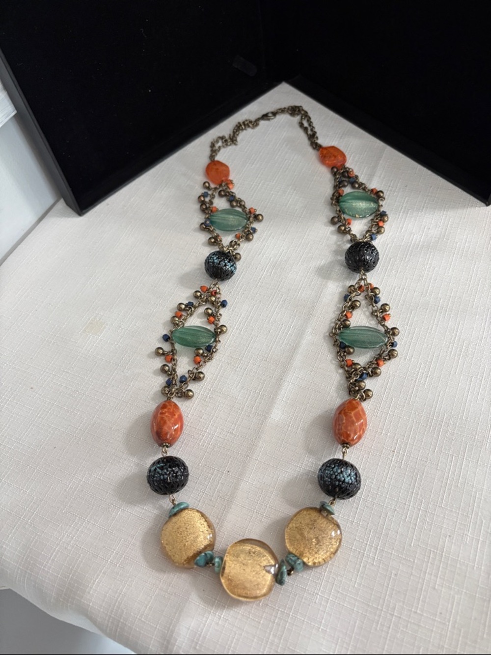 Artisan Multi-Color Beaded Statement Necklace - Green, Orange, Black, Gold
